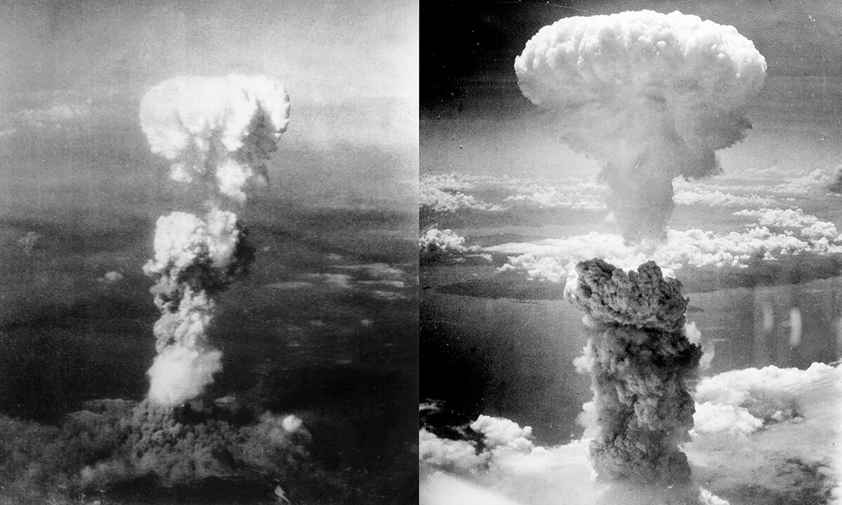 The mushroom clouds from the Hiroshima and Nagasaki atomic bombs.